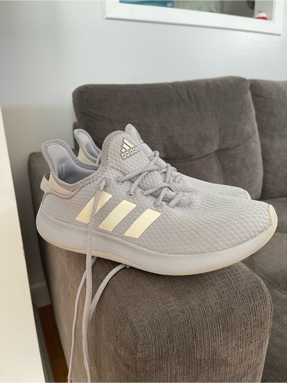 adidas women’s Light Gray Mesh Sneakers with Cream Accent Stripes